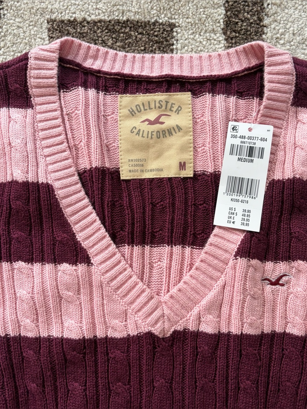 Hollister Ivy Cable-Knit V-Neck Long Sleeve Light Pink Stripe Sweater NWT Size M - Picture 6 of 9